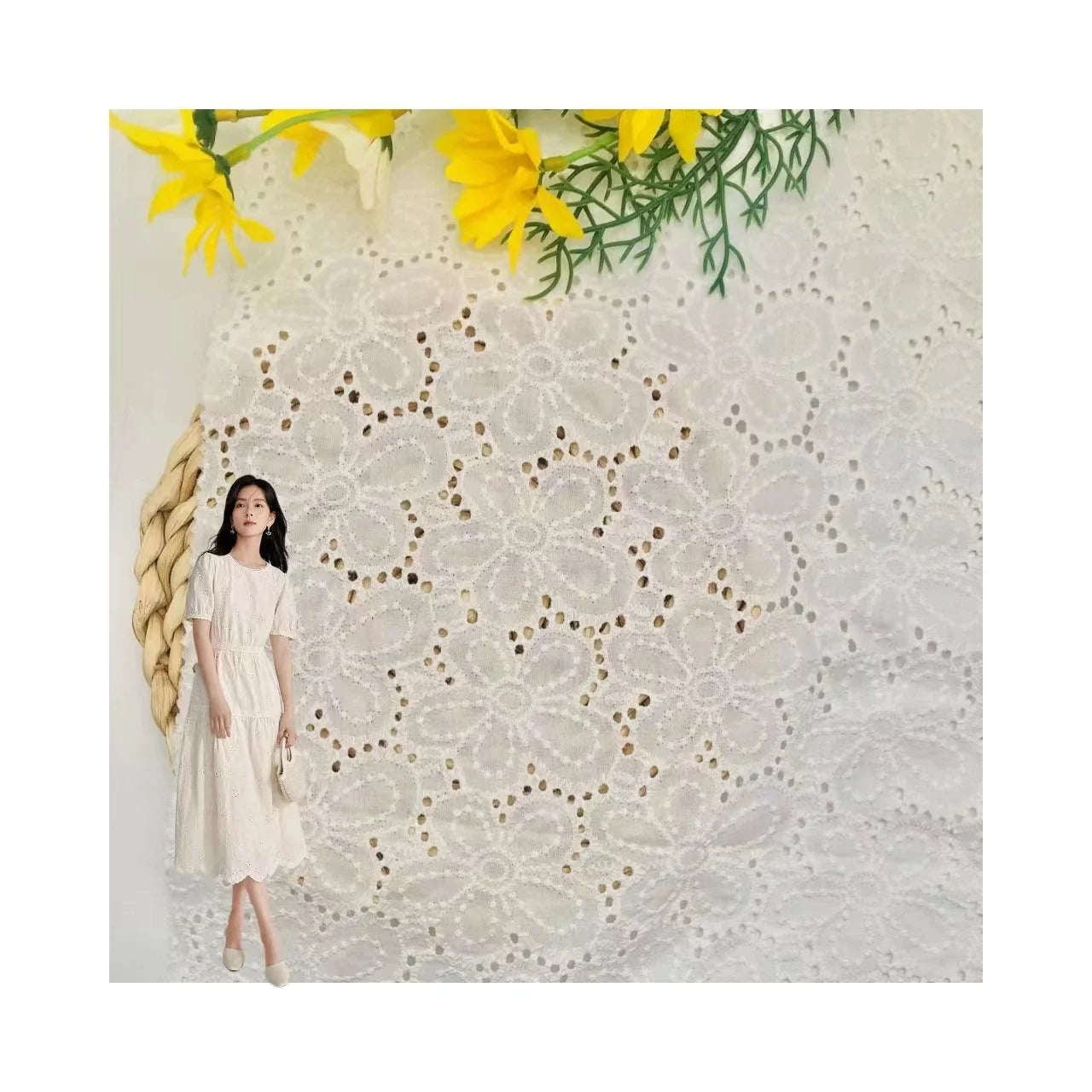 Spring Summer 100%Cotton Woven Breathable 180G/M Hollow Eyelet Embroidery Fabric for Fashion Garment
