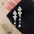 Ilona Silver Plated Copper Long Pearl CZ Drop Earrings Linear Chain Statement Earrings Elegant Bridal & Formal Jewelry for Women