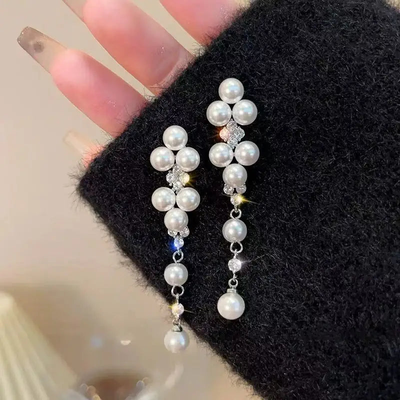 Ilona Silver Plated Copper Long Pearl CZ Drop Earrings Linear Chain Statement Earrings Elegant Bridal & Formal Jewelry for Women