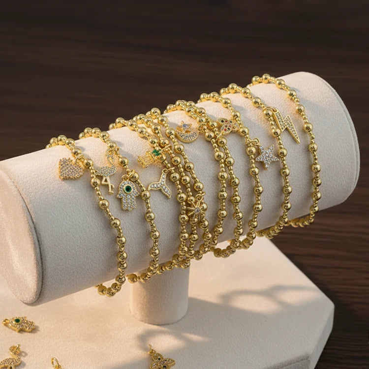 BC1516 18K Gold Plated 2mm 4mm Ball Beaded Stretch Bracelet | CZ Charm Stackable Elastic Bracelet for Women Girls