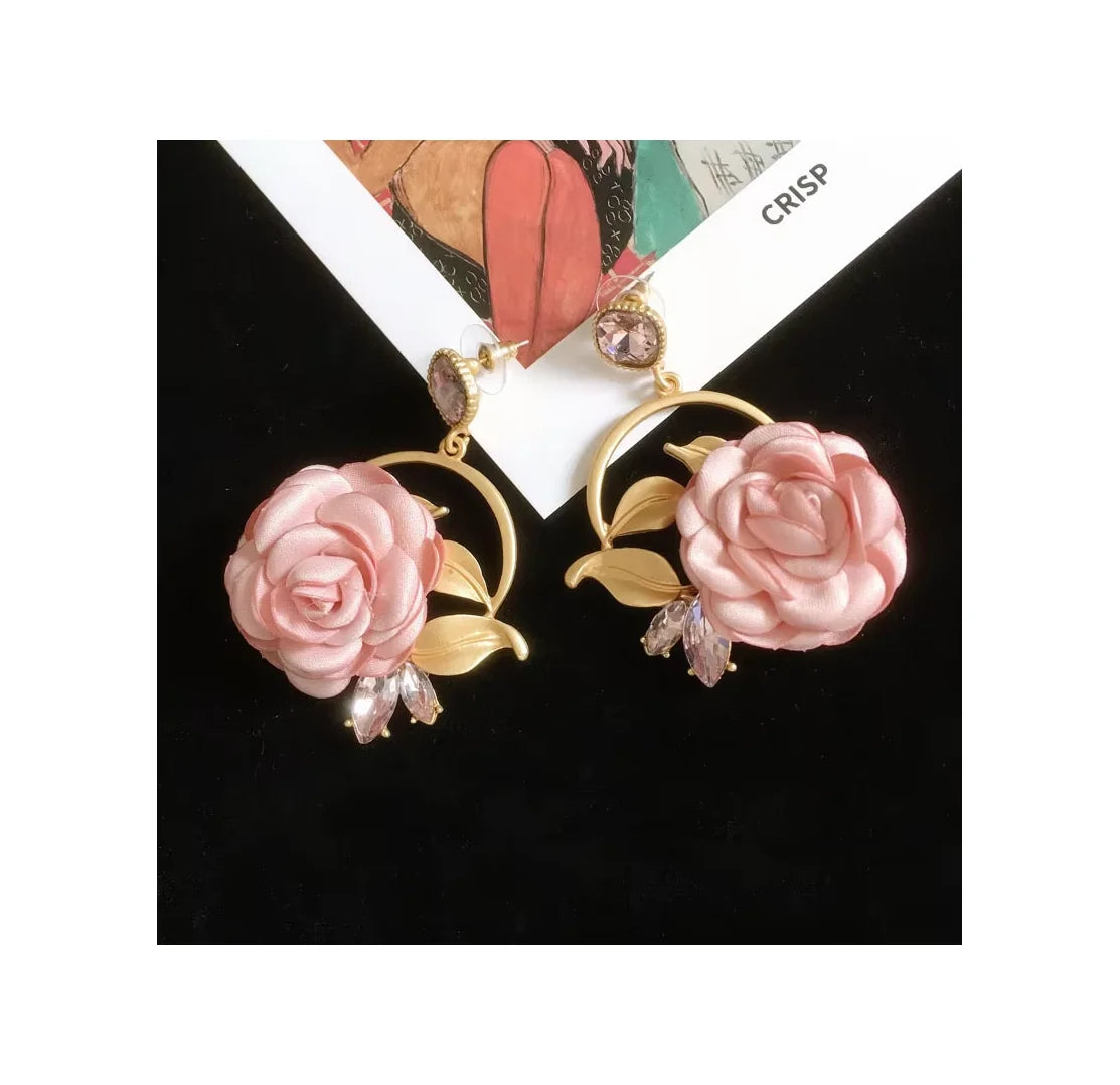 Exaggerated Earrings Temperament Pink Lace Petals Tassel Earrings Super Fairy Sweet Rose Flower Long Earrings