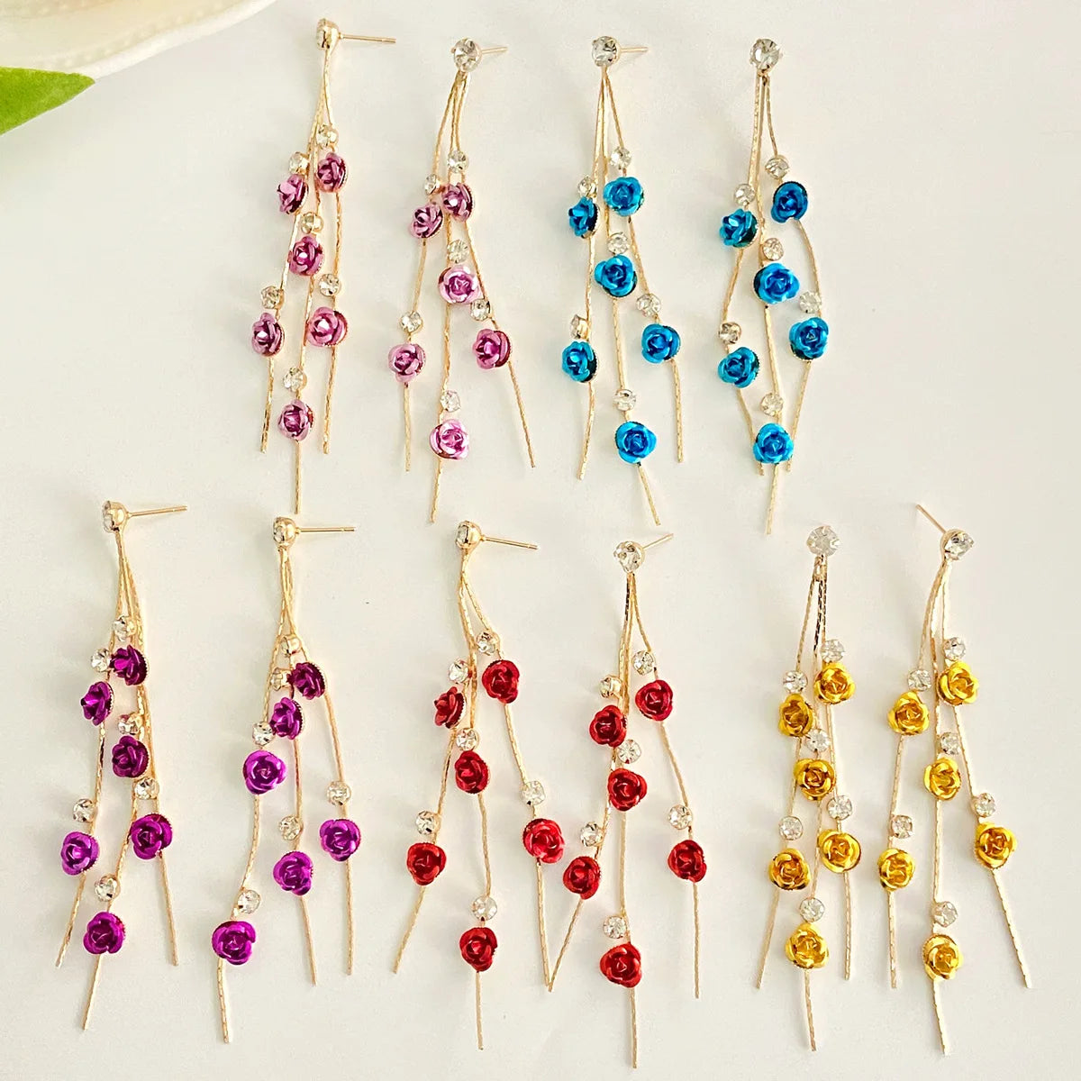 New Rose Flower Earrings French Light Luxury Long Rhinestone Tassel Flower Earrings