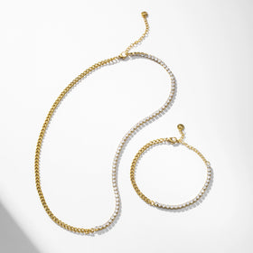 YF4034 Waterproof Jewelry Stainless Steel 18K Gold Plated Splicing Cuban Chain 5A Zircon Tennis Basic Necklace Bracelet Set