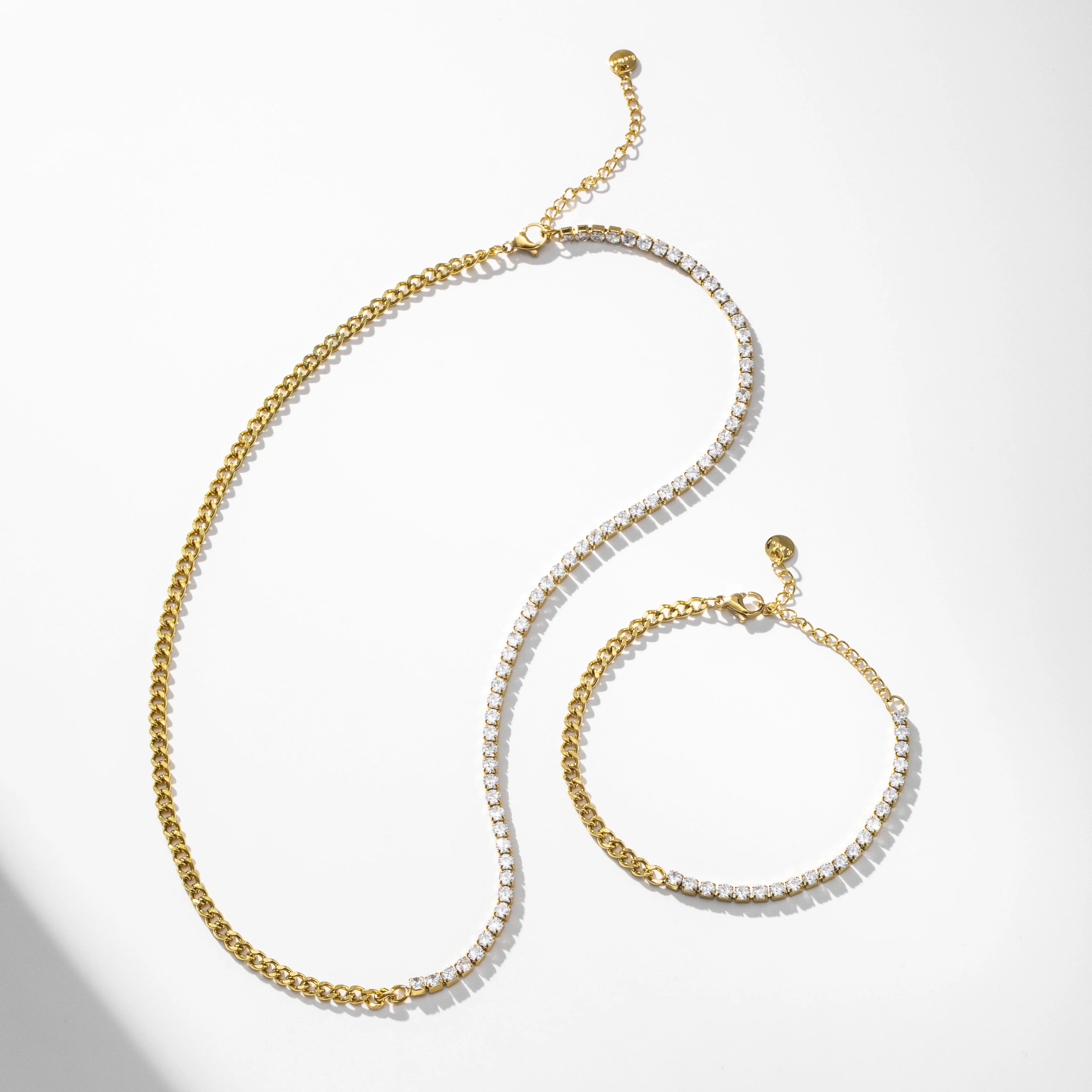 YF4034 Waterproof Jewelry Stainless Steel 18K Gold Plated Splicing Cuban Chain 5A Zircon Tennis Basic Necklace Bracelet Set
