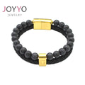 Volcanic Stone Leather Bracelet Bead and Leather Cross Men Italian Stainless Steel Wrist Bracelet Bangle