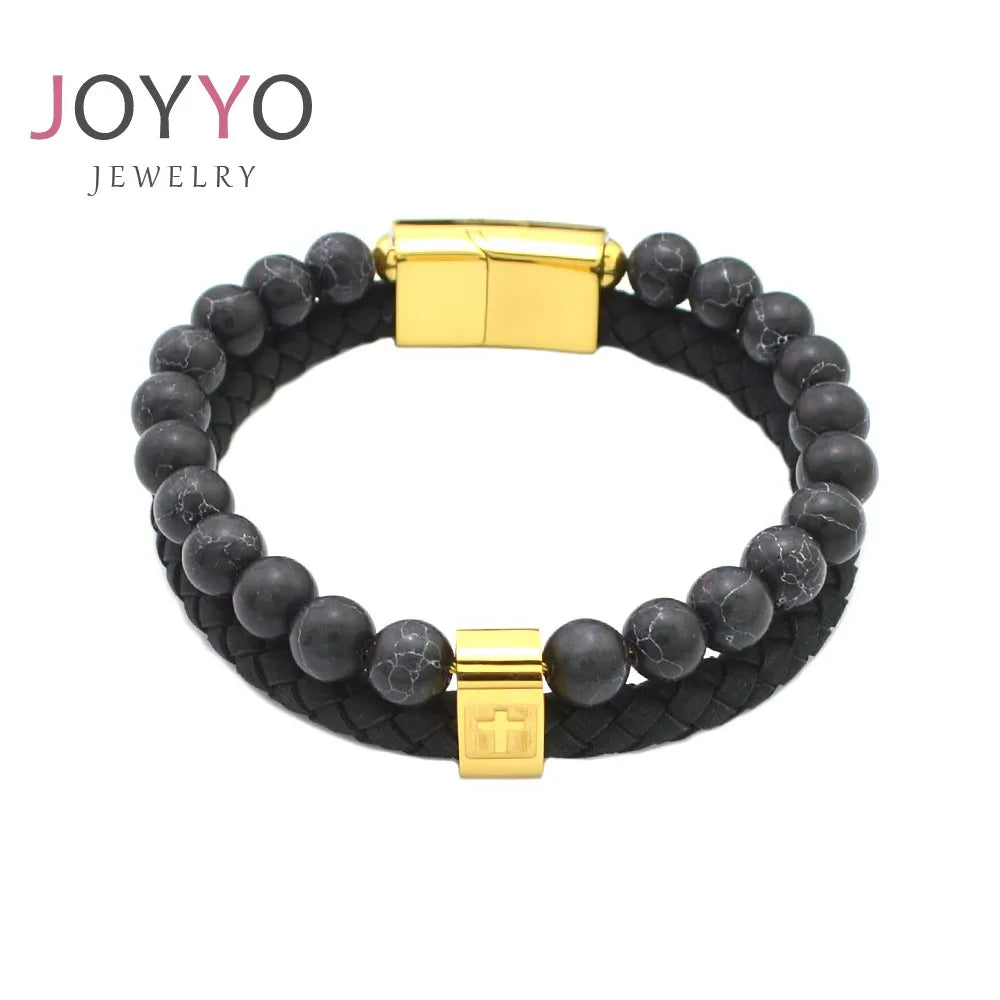 Volcanic Stone Leather Bracelet Bead and Leather Cross Men Italian Stainless Steel Wrist Bracelet Bangle
