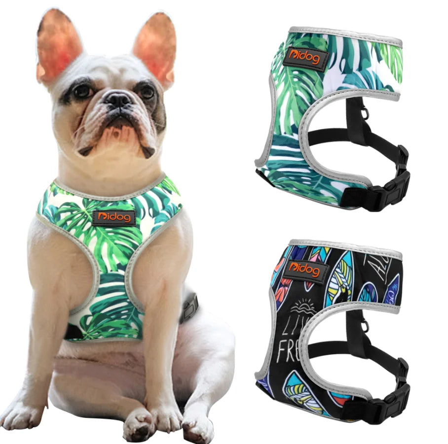 Breathable French Bulldog Harness Printed Reflective Dogs Harness Puppy Small Medium Dogs Cats Vest for Pug Walking Training