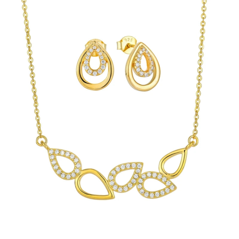 Custom Oem Fine Bridal Cubic Zircon 925 Silver 18K Gold Plated WaterDrop Bridal Earrings Necklaces Jewelry Set Women Ladies