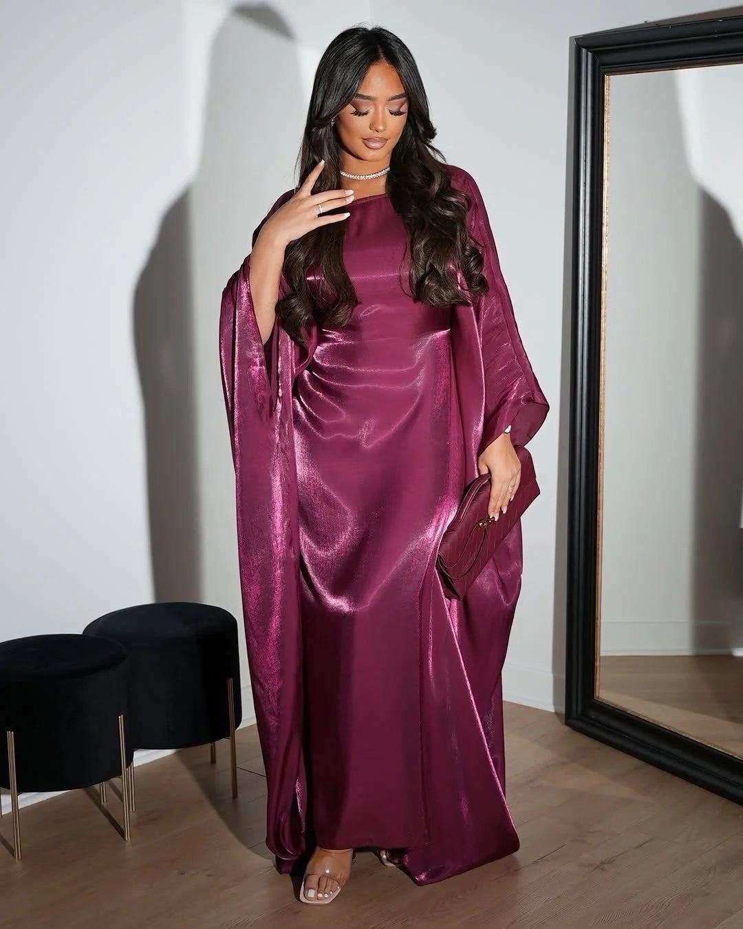 Modest Evening Party Dress Batwing Sleeves Shining Material Long Maxi Banquet Dresses Robe for Women L412