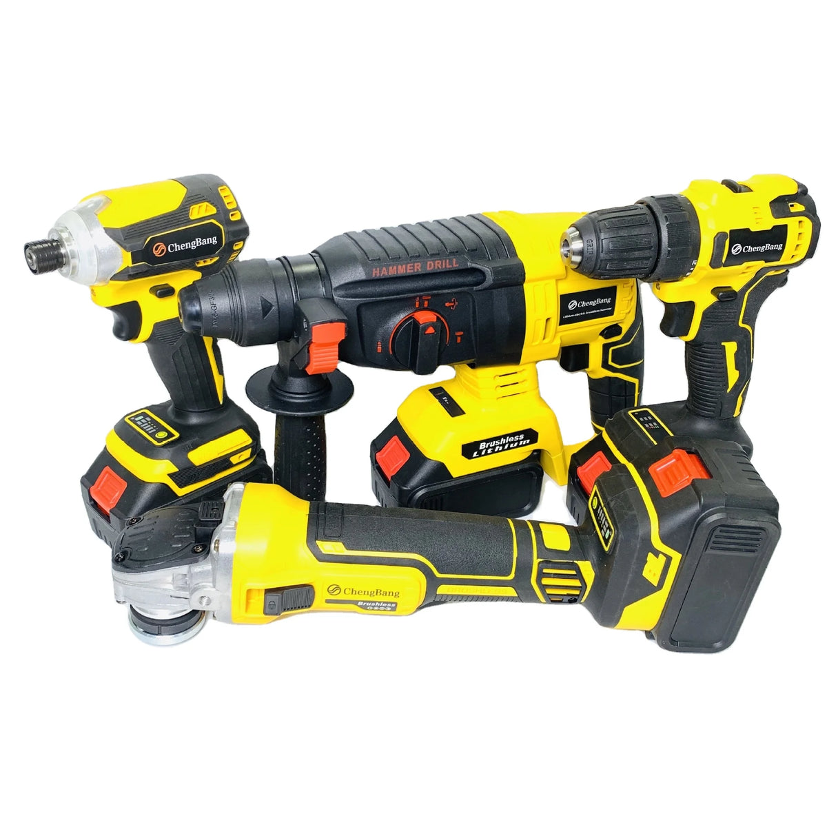 Set of 4pcs Combination Power Tools Brushless Angle Grinder Electric Hammer Lithium Screwdriver Cordless Drill Kit Yellow MT125B MegaBDM