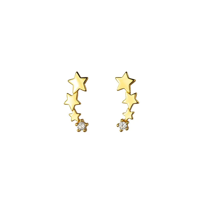 Minimalist Jewelry 925 Sterling Silver a Row of Pentagram Star Zircon Gold Plated Stud Earrings for Women