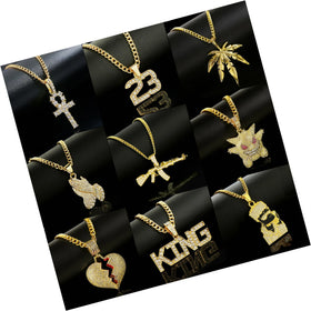 DAIHE New European American Style Hip Hop Men's Necklace Fashion Personality Full Crystal Letter Heart Pendant Necklaces for Men