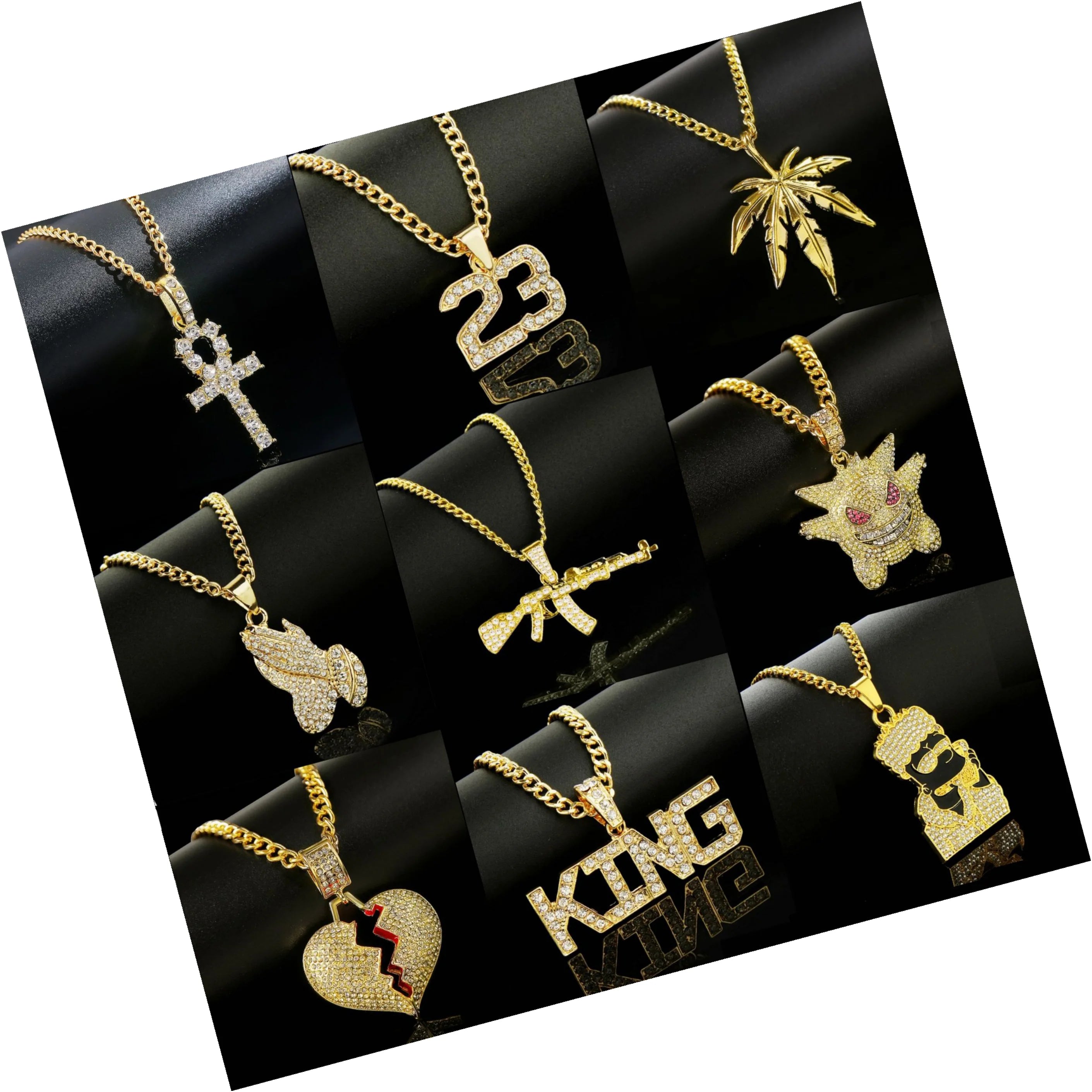 DAIHE New European American Style Hip Hop Men's Necklace Fashion Personality Full Crystal Letter Heart Pendant Necklaces for Men