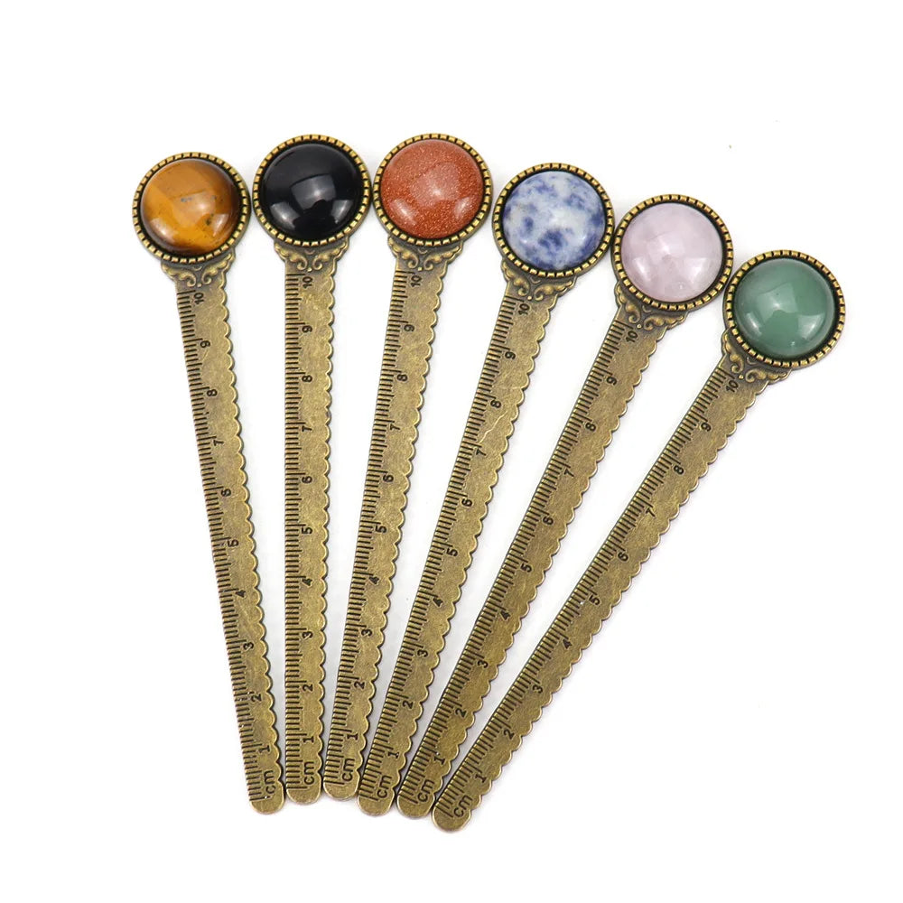 Wholesale Natural Stone Crystal Ancient Bronze Ruler Bookmark Hand Made Gemstone Crystal Personality Bookmarks