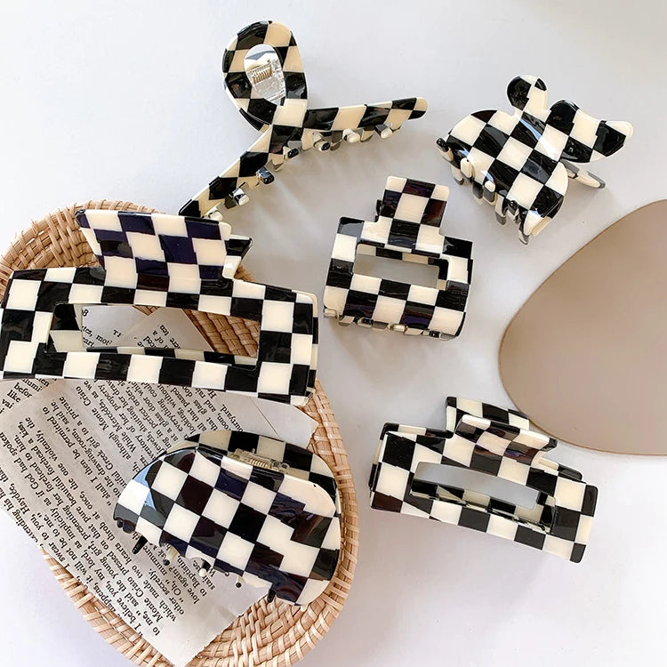 Cross-border Hot Selling French Irregular Acetate Hair Claw Clip Black and White Board Checkered Large Shark Hair Clip for Women