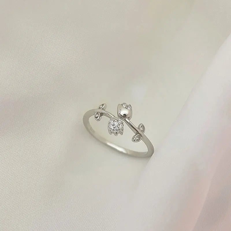 Elegant Cute Fashion Pure 925 Sterling Silver Zircon Crystal Tulip Flower Index Finger Rings for Women Girls Jewelry