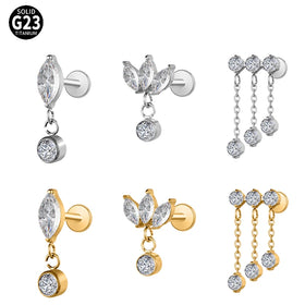 Gold Plated Titanium Drop Earring with Cz Trendy Floating Dangle Tragus Helix Cartilage Stud Internally Threaded Ear Piercing
