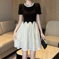 ZYHT 65060 New Arrival Short Sleeve Luxury Elegant Party Rhinestone Beaded Black Tulle Patchwork Dress Women