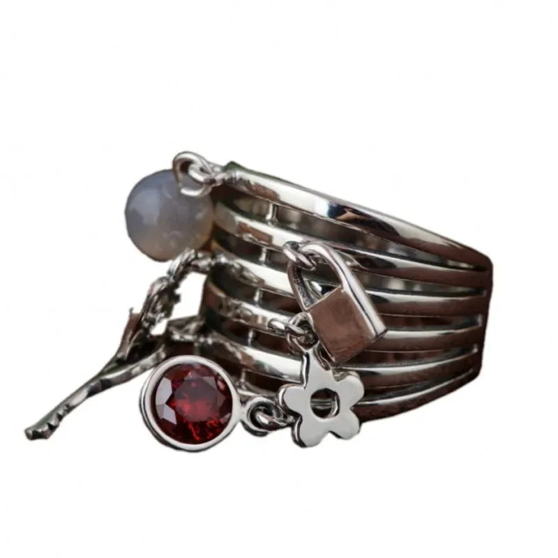 S925 Sterling Silver Gemstone Rings for Women New Classic Style Key Lock Zircon Tassel Hollow Pure Argentum Jewelry Wholesale