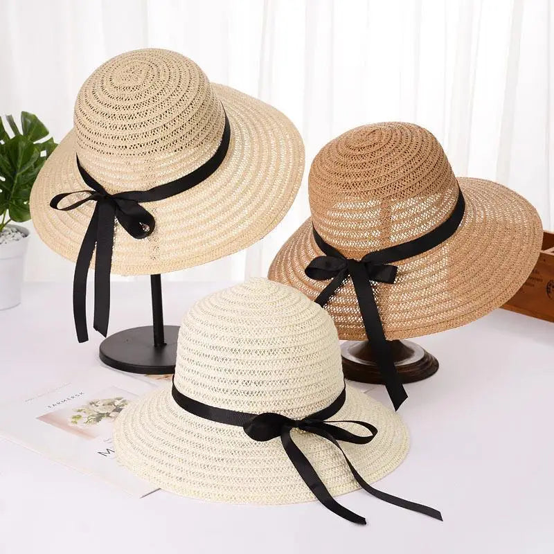 Panama Fashion Summer Beach Female Bowknot Flat Brim Straw Hats