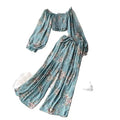 2025 Fashion Suit Square Neck Floral Chiffon Shirt Short Navel Top + High Waist Wide Leg Pants Two Piece Set  2 Piece Set  50%