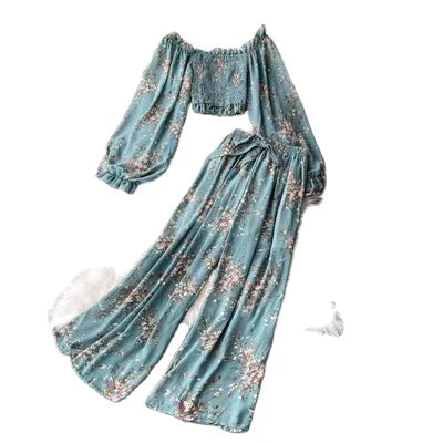 2025 Fashion Suit Square Neck Floral Chiffon Shirt Short Navel Top + High Waist Wide Leg Pants Two Piece Set  2 Piece Set  50%