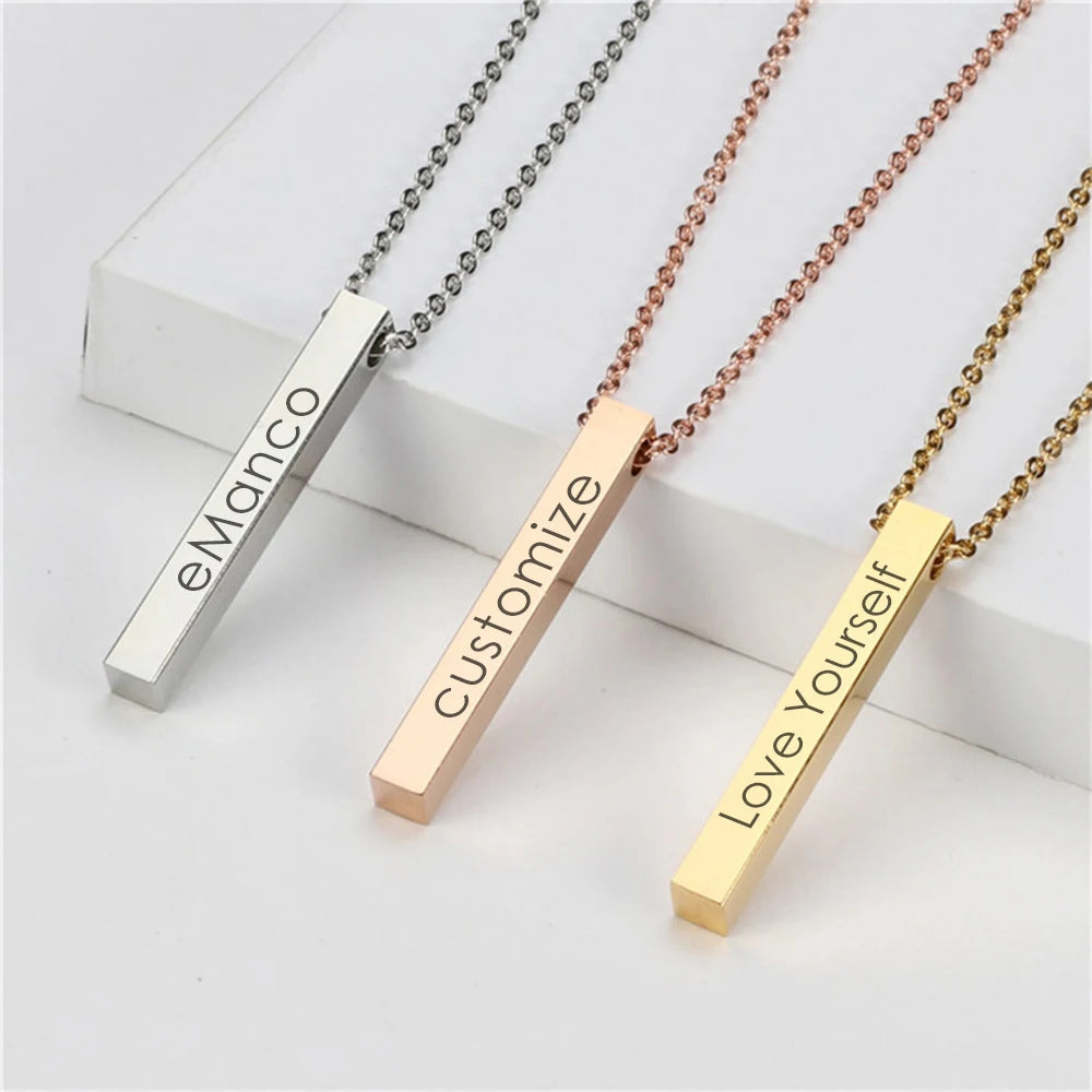 EManco Four Sides Engraving Personalized Square Bar Custom Name Necklace Stainless Steel Pendant Necklace Women/Men Gift