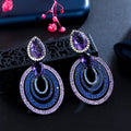 Multi Layer Big Round Blue CZ Zirconia Long Drop Luxury Earrings for Women Unique Fancy Brides Wedding Prom Jewelry Accessories