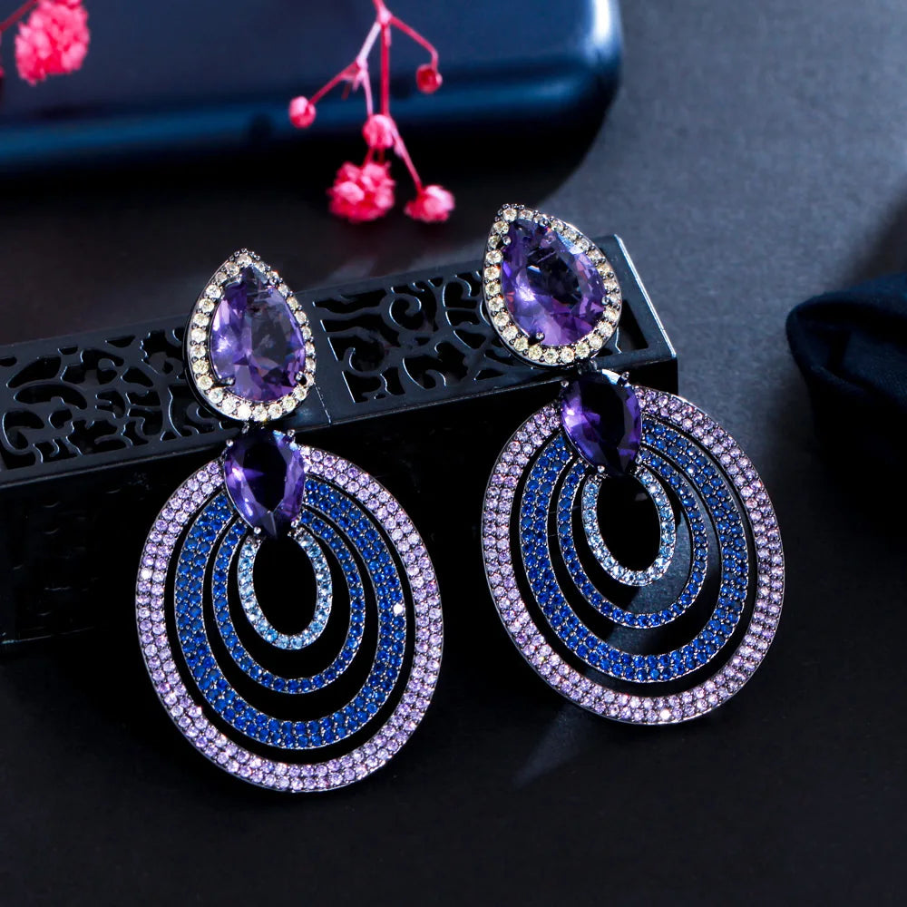 Multi Layer Big Round Blue CZ Zirconia Long Drop Luxury Earrings for Women Unique Fancy Brides Wedding Prom Jewelry Accessories