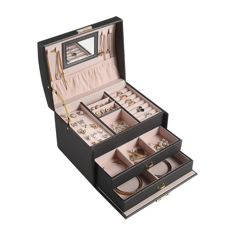Popular Product Custom PU Leather Large Capacity Drawer Jewelry Box With Mirror Earring Storage Jewellery Organizer