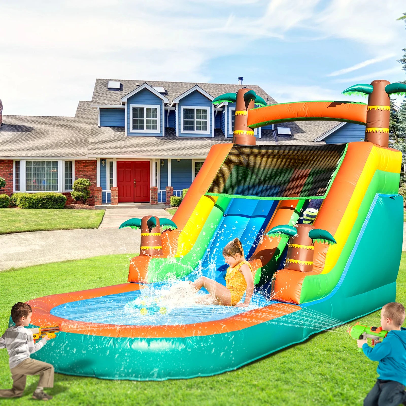 Commercial PVC Tropical Fiesta Palm Tree Adult Kids Inflatable Water Slide with Large Splash PoolBlower