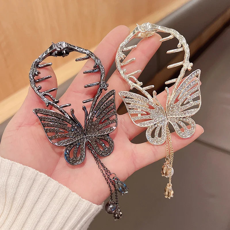 Korean Crystal Diamond Butterfly Hair Claw Clips Luxury Back Head Pearl Tassels Claw Clips Hair Accessories for Women
