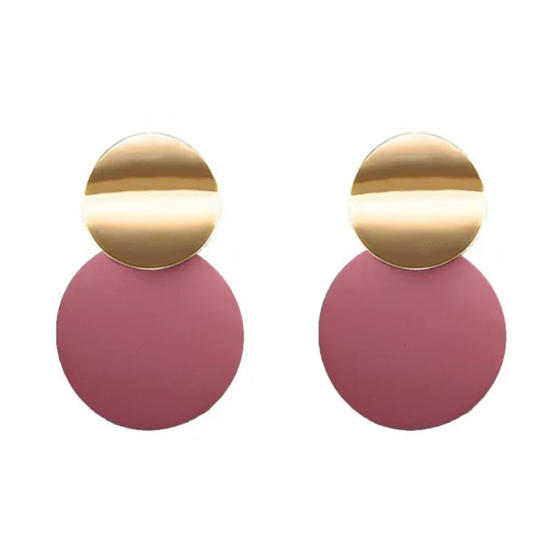 New Luxury Korean Style Dangle Drop Earrings Big Round Pink Statement Earrings for Women Cute Geometric Design Made Zinc Alloy