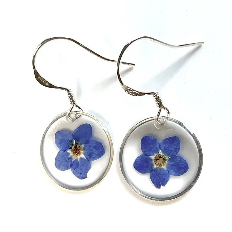 Low MOQ Resin Blue Forget Me Not Lightweight Real Dry Press Flowers 925 Silver Hook Earrings Women