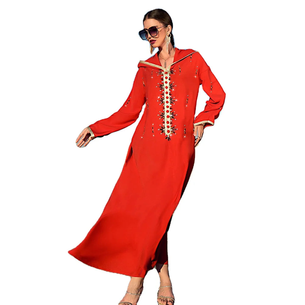 China Guangdong Manufactures Factory Directly Sale Orange Red Color Long Style Rhinestone Lace Decoration Hoodi Abaya for Women