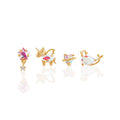 Women Stylish Jewelry Cartoon Zircon Earrings 4pcs Sets Unicorn Love Heart Whale Shaped Brass 18k Gold Ear Studs for Sweet Girls