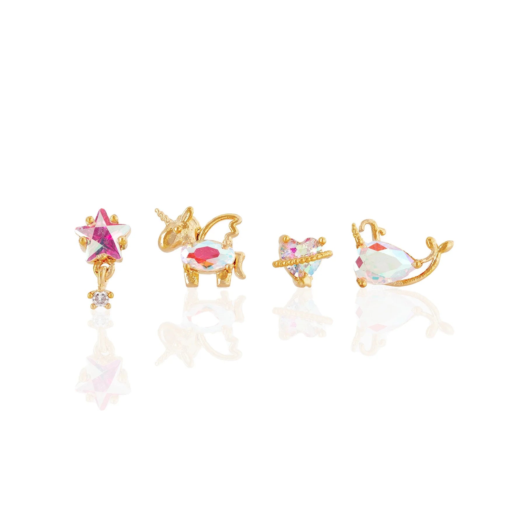 Women Stylish Jewelry Cartoon Zircon Earrings 4pcs Sets Unicorn Love Heart Whale Shaped Brass 18k Gold Ear Studs for Sweet Girls