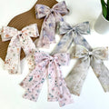 Women Unique Design Fabric Hair Alligator Clip Ink Floral Hair Bow with Long Tail