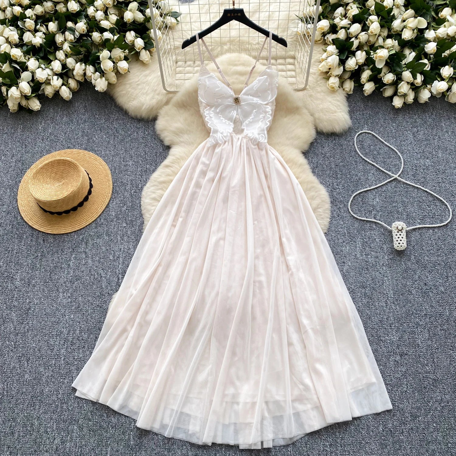 LW0720 Bow Embroidery V-Neck Halter Dress for Women Halter Waist Mesh Fairy Dress for the Beach Holiday Halter Dress
