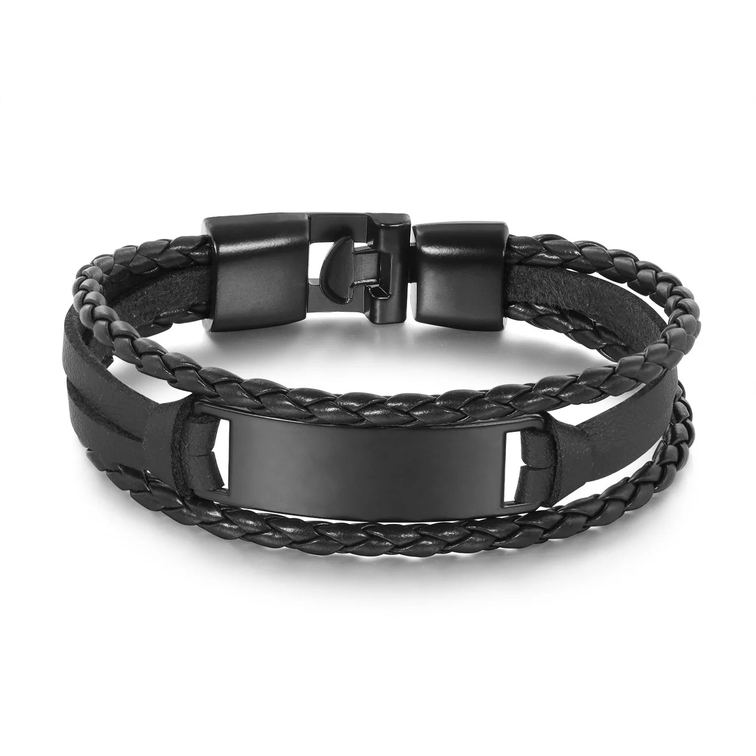 MACHO Wholesale Custom 20cm Free Engravable Beaded Black Multilayer Zinc Plated Stainless Steel PU Leather Classic Gift Bracelet