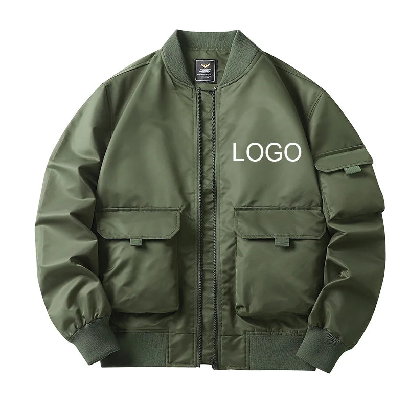 Men's Casual Canvas Spring Breathable Bomber Jacket Stand Collar Full Zipper Stylish Custom Logo Varsity