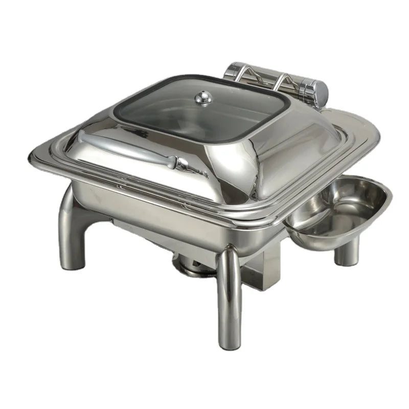 Hadi Chafing Dish Silver Hydraulic Buffet Stove Glass Lid Stainless Steel Electric Plate Heater Square Food Warmer Restaurant