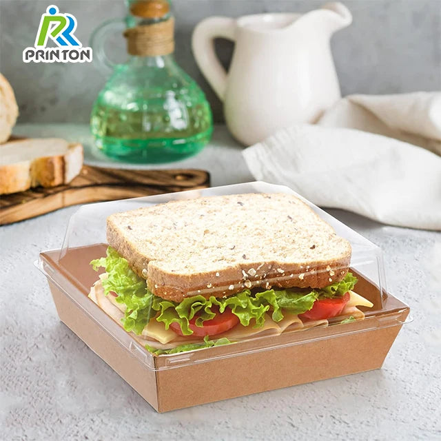 Disposable Kraft Paper Sandwich Boxes for Sushi Rigid Bakery Packaging with Clear Lids