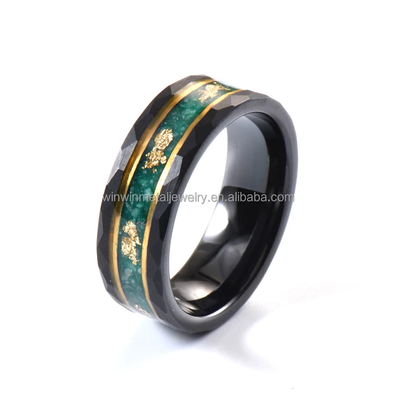 Classic 8mm Black Hammered Tungsten Wedding Ring with Yellow Gold Strip Green Shell Gold Leaf Inlay Engagement Party Gift
