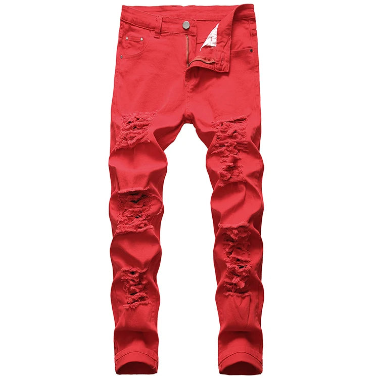 New Mens Cotton Ripped Hole Jeans Casual Slim Skinny White Jeans Men Trousers Fashion Stretch Hip Hop Denim Pants for Male