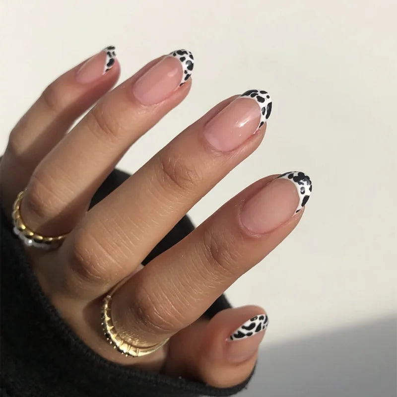 Temooi Wholesale 24Pcs ABS False Nails Almond Two-color Printing Press on Nails With Nail Glue