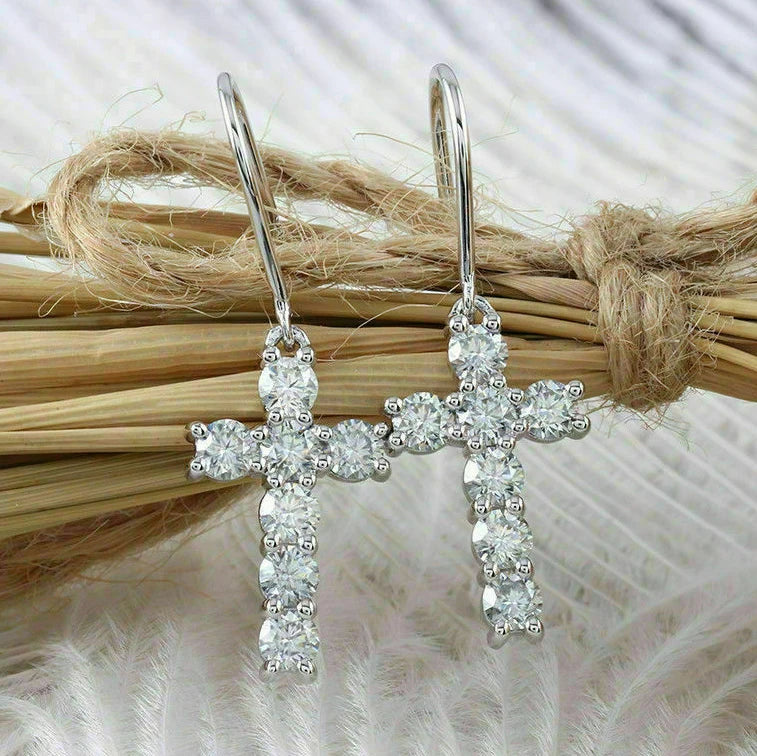 Huitan Romantic Religious Dangle Earring Brilliant Many Round Gemstones Dainty Lady Elegant Women Cross Beautiful Earrings