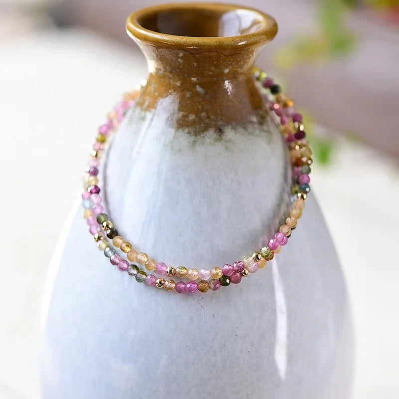 Hand Made 14k Gold Filled  Natural rainbow Tourmaline Double Ring Bracelet  Natural Crystal Gemstone Wire Wrapped  Jewelry