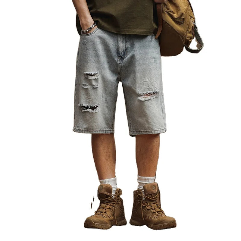 Distressed Vintage Wash Casual Straight Ripped Baggy Jorts Skate Shorts Denim Jeans