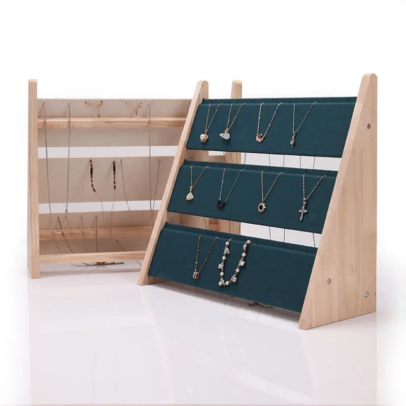 Large Capacity Solid Wood Three Layer Necklace Bracelet Display Rack Jewelry Pendant Brand Display Holder Custom Logo Accepted